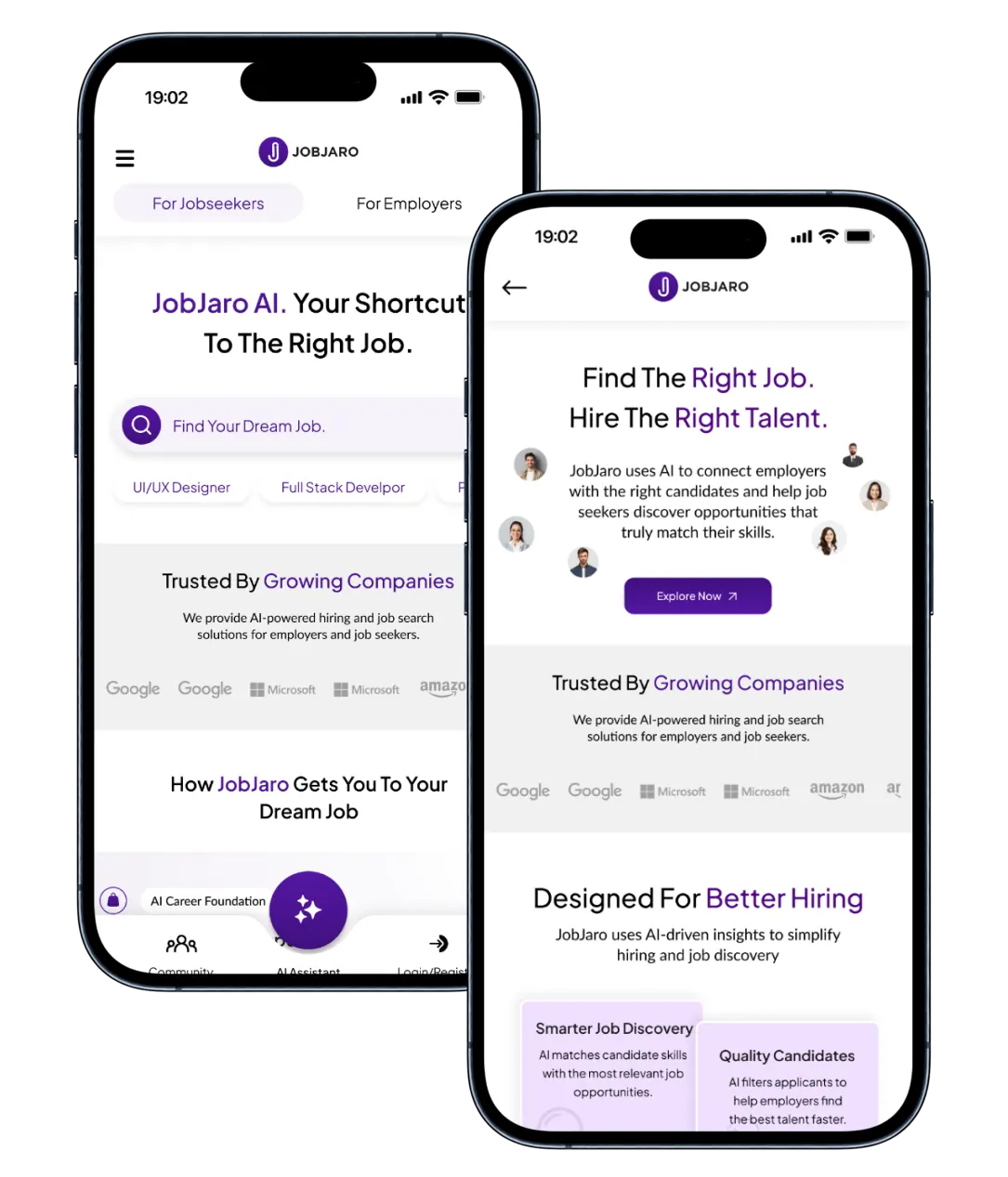 Jobjaro job seeker and employer screens